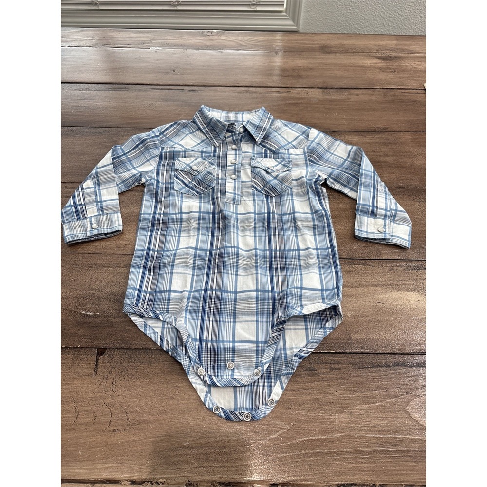 Wrangler Pearl Snap Bodysuit 24 Month Blue  Plaid Western Dress Up Cowboy